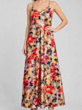 Tahari ASL  M Satin Maxi Floral Watercolor Charmeuse Flow-fitting Dress Boho